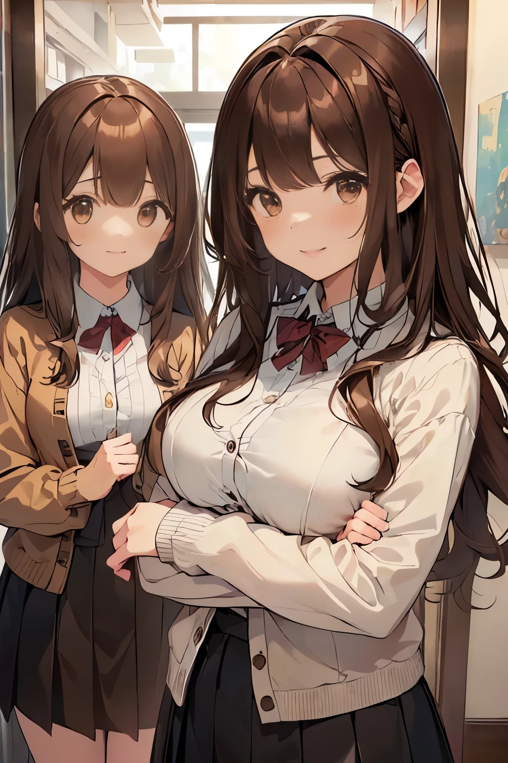 (highest qualityのイラスト:1.2), (2人のcute女の子:1.1), (2 girls、10 years old、two girls dressed the same、Twin girls、slanted eyes and droopy eyes、cheeky look、detailed eyes、cute、neat image、big breasts:1.5、bust 90、非常にdetailed eyes:1.2)、(,big breasts:1.1)、((brown eyes、brown hair:1.5))、(long hair)、wavy hair、bangs、brown gh-school uniform、(cardigan、Check Pleated Skirt)、big smile、evil smile、open your mouth、Hello、grinning、brown hair、break(highest quality、Super detailed、Helloghly detailed and beautiful、arm details:1.2)、close、Breast augmentation, wink