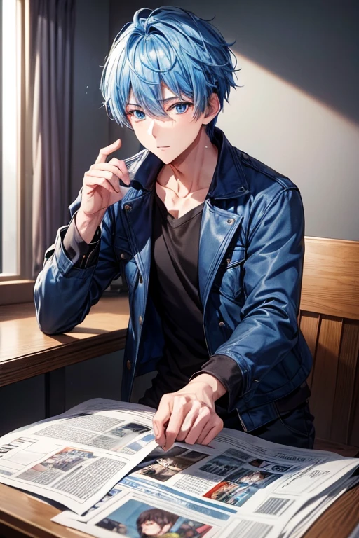 a handsome guy、20代の男性、Winter clothes、Blue-haired shorthair、blue eyes、long sleeve、station shop、buy a newspaper、High resolution、In 8K、sharp focus、zoom、with the best image quality、highest quality