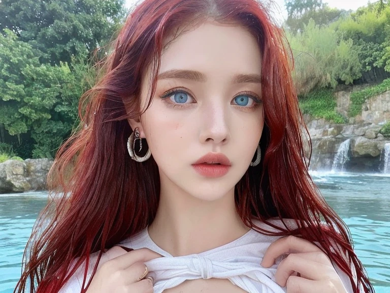 1 miniature Beautiful handsome woman, ((top quality, 8k, masterpiece:1.retty woman, 1woman, huge breasts:1.3, slender figure:1.1, elastic red long hair, (shower, wet body, wet clothes:1.1), very detailed face, detailed lips, detailed eyes, double eyelids, detailed blue eyes, extremely detailed outstanding blue eyes, red wet hair, red wet hair, detailed outstanding BLUE EYES, innocent stare at the viewer, extremely wet wavy red hair, detailed outstanding BLUE EYES, raining outside, huge earrings, Oasis, Waterfall, naked breasts, swimming in water, tattoo on chest