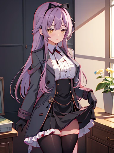 nsfw,Bedroom、standing position、whole body、((((skirt lift))), (((skirt lift by myself))),((( clothes lift))))、lift up the skirt、flip the skirt、turn to the side、Turn your face away、涙eye、blush、(1 girl),  Len Bright, yellow_eye, purple hair, long hair, Broke up_前hair, hair_ribbon, black coat, white shirt, pantyhose, black knee boots, short black skirt, frills, black_gloves, ,, smug