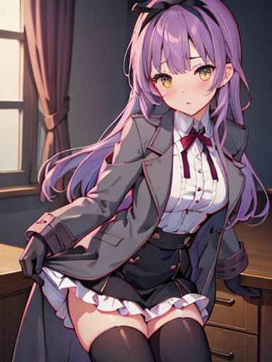 nsfw,Bedroom、standing position、whole body、((((skirt lift))), (((skirt lift by myself))),((( clothes lift))))、lift up the skirt、flip the skirt、turn to the side、Turn your face away、涙eye、blush、(1 girl),  Len Bright, yellow_eye, purple hair, long hair, Broke up_前hair, hair_ribbon, black coat, white shirt, pantyhose, black knee boots, short black skirt, frills, black_gloves, ,, smug