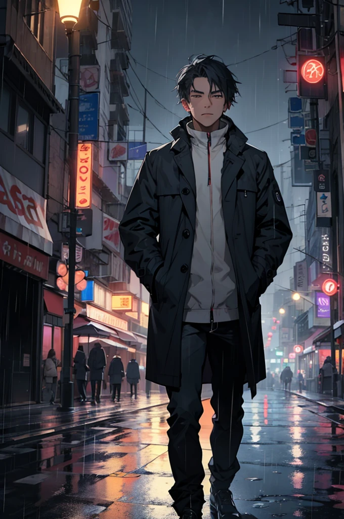 1girl,night city,rain,coat,hands in pockets