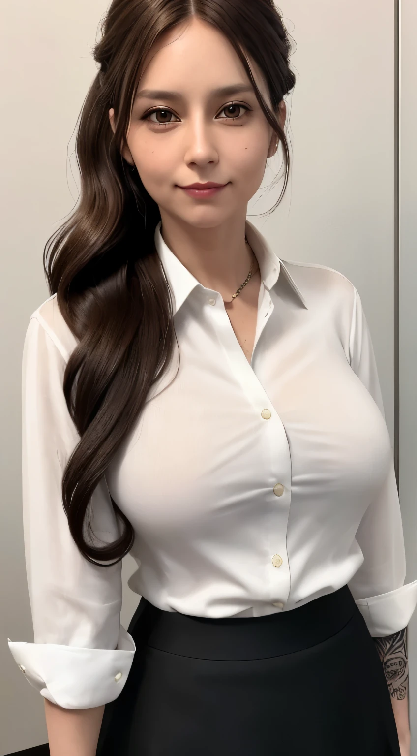 woman((30 age old)), Hair((brown, Long, Wavy)), Eyes((brown, Smart eyes)), clothes((White shirt, Black skirt)), pony tails, pervert smirk, Hairpins Hairpins, Office, Employee ID, Bigboobs, cleavage, tattoo on chest, Smoking,