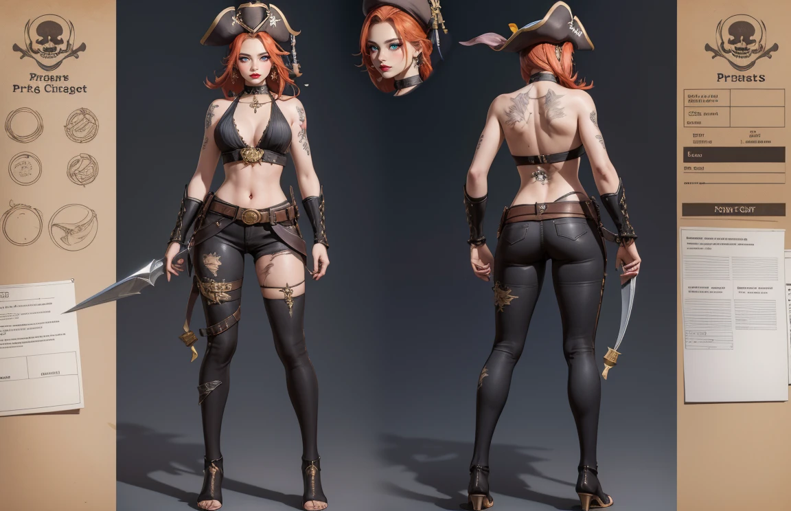 (The concept character sheet of a strong, attractive, and hot woman pirate, full body, pirate style, combat position, pirate age, wearing hat) (Full of details, frontal body view, back body view), Highly detailed, Depth, Many parts, ((Masterpiece, Highest quality)), 8k, Detailed face, scars, serious expression. Infographic drawing. Multiple sexy poses. tattoos,3d, choker