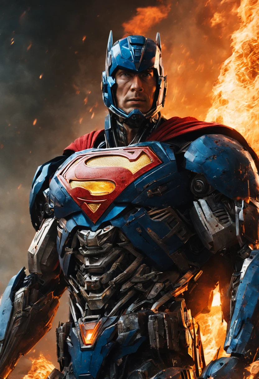 a close up of a superman standing in front of a fire, transformers cinematic universe, wojtek fus, hq 4k wallpaper, transformers : the last knight, in the movie transformers, thertrevkaiser, dwayne johnson as superman, artstation masterpiece, super robot, goku fused with optimus prime, japanese dc live-action movie, hd wallpaper, inspired by Zack Snyder