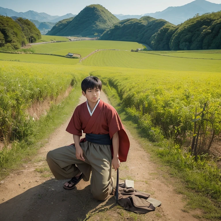 ハンサムなboy、(Photoreal:1.4),ultra high resolution, Super detailed, masterpiece, highest quality,oriental、boy、ancient japanese peasant clothes、alone、game poster、pants、fields、farmer、