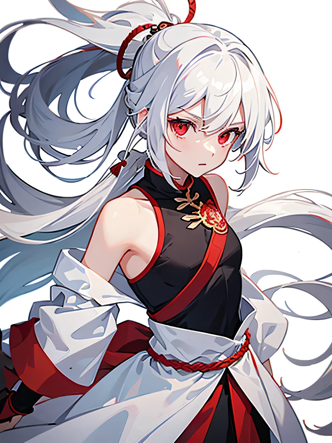 white hair,long ponytail,red eyes,girl,pure white background,pixel style,Chinese chivalry,Red hair cord,Competent,Place your arms by your sides