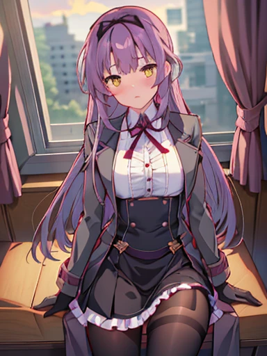 nsfw,Bedroom、standing position、whole body、spread your legs、((((skirt lift))), (((skirt lift by myself))),((( clothes lift))))、lift up the skirt、flip the skirt、turn to the side、Turn your face away、涙eye、blush、Len Bright, yellow_eye, purple hair, long hair, Broke up_前hair, hair_ribbon, black coat, white shirt, pantyhose, black knee boots, short black skirt, frills, black_gloves, ,, smug