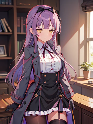 nsfw,Bedroom、standing position、whole body、spread your legs、((((skirt lift))), (((skirt lift by myself))),((( clothes lift))))、lift up the skirt、flip the skirt、turn to the side、Turn your face away、涙eye、blush、Len Bright, yellow_eye, purple hair, long hair, Broke up_前hair, hair_ribbon, black coat, white shirt, pantyhose, black knee boots, short black skirt, frills, black_gloves, ,, smug