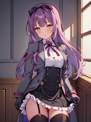 nsfw,Bedroom、standing position、whole body、spread your legs、((((skirt lift))), (((skirt lift by myself))),((( clothes lift))))、lift up the skirt、flip the skirt、turn to the side、Turn your face away、涙eye、blush、Len Bright, yellow_eye, purple hair, long hair, Broke up_前hair, hair_ribbon, black coat, white shirt, pantyhose, black knee boots, short black skirt, frills, black_gloves, ,, smug