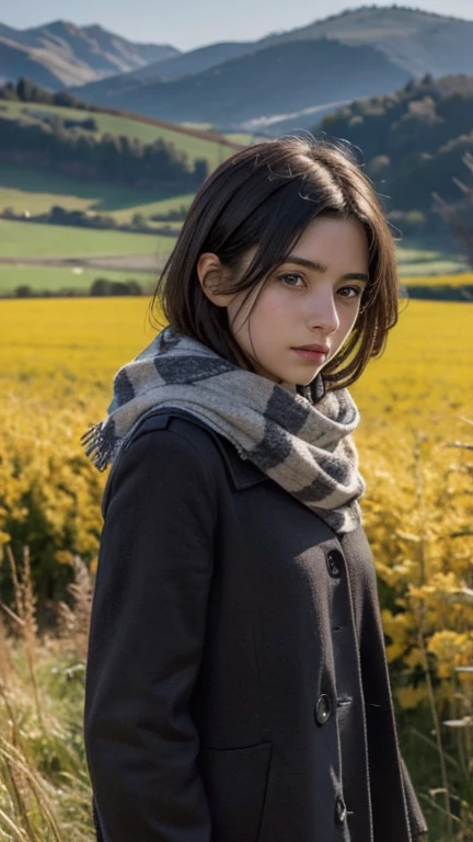 8k, Mejor calidad, obra maestra, Realista, Ultra detalle, photo Realista, aumentar la calidad,
a photo of a girl standing in a field with a scarf, in the style of a dark and melancholic designer, masa voluminosa, Photoshoot, rostros serenos, bordes irregulares, Armada, belleza natural, close up photography
