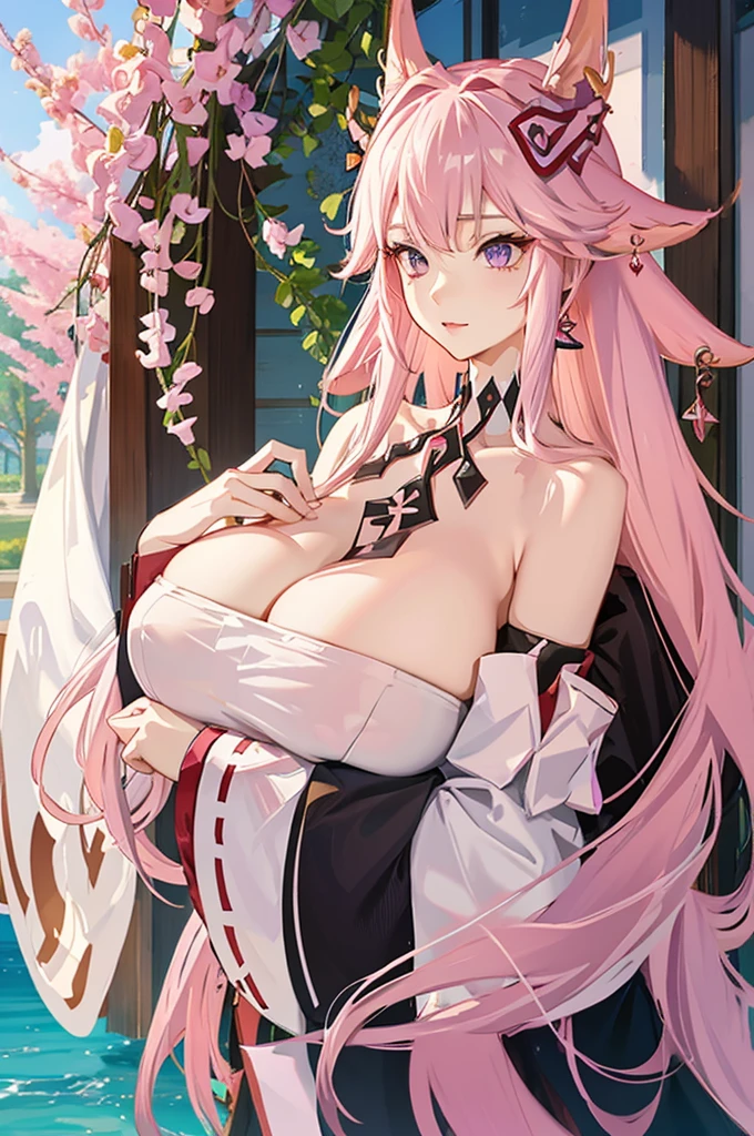 yae_miko, 1girl, pink hair, purple eyes, long hair, fox ears, earrings,(gigantic breasts:1.5), hair ornament, jewelry on the chest, yae miko's clothes, bare shoulders, detached sleeves, standing, upper body, outdoors, park, flowers, lawn, trees, sunshine,