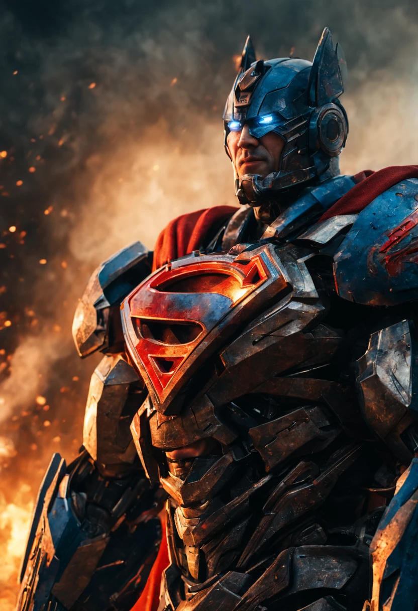 a close up of a superman standing in front of a fire, transformers cinematic universe, wojtek fus, hq 4k wallpaper, transformers : the last knight, in the movie transformers, thertrevkaiser, dwayne johnson as superman, artstation masterpiece, super robot, goku fused with optimus prime, japanese dc live-action movie, hd wallpaper, inspired by Zack Snyder