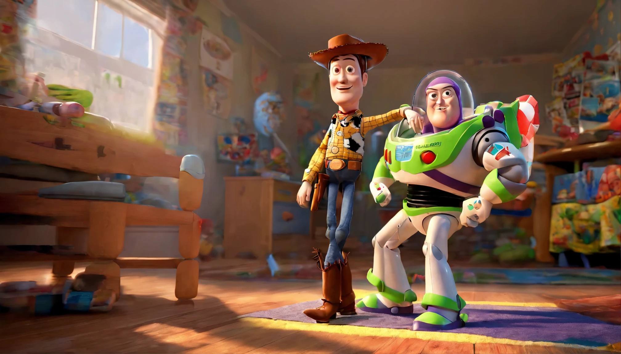 Woody the toy and buzz lightyear embracing each other in a toy room