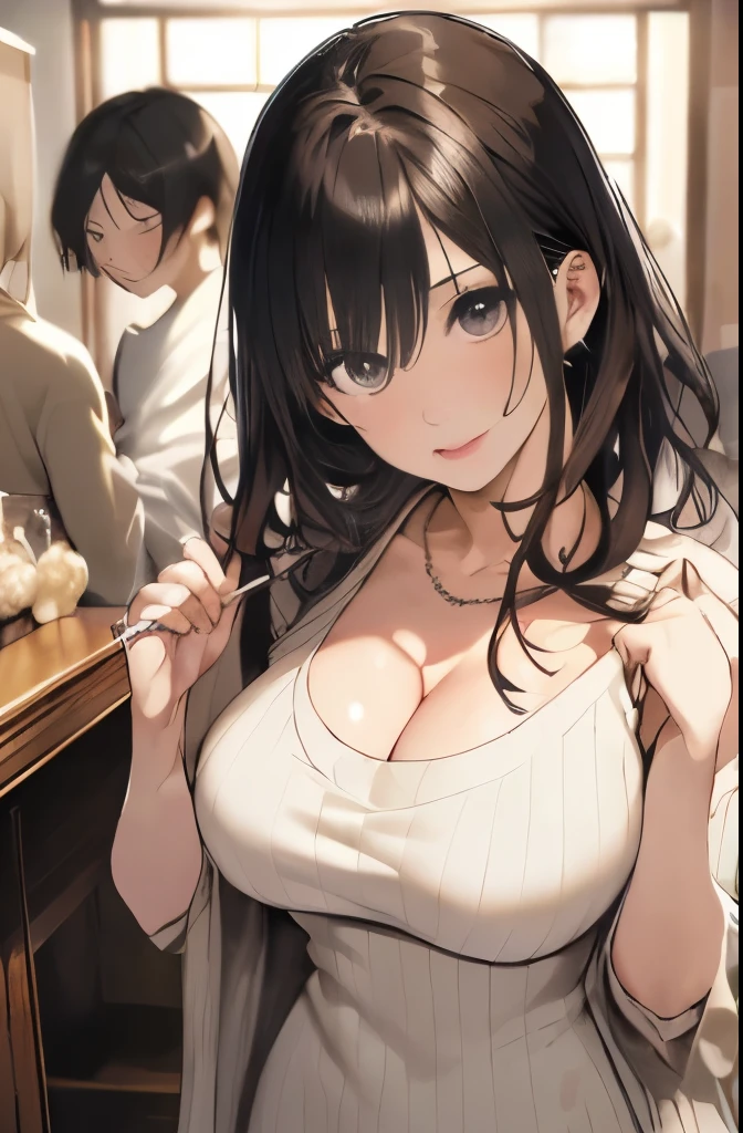 masterpiece, best quality, masterpiece, highest quality, milf, big breasts、V-neck knit long sweater maxi dress、indoor、Vulgarity、big cleavage、big breasts、detailed person、detailed eyes、detailed face、detailed background、high quality people、High-quality faces、high quality face、high quality and person、full shot, full body, セクシーな歩き、リアルアニメ描写、35歳、エロいmilf、(((繊細で詳細な顔の描写)))