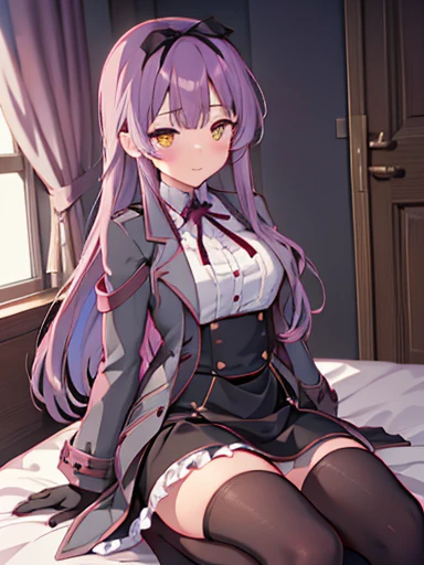 nsfw,Bedroom、on the bed、sit、((((skirt lift))), (((skirt lift by myself))),((( clothes lift))))、lift up the skirt、flip the skirt、turn to the side、Turn your face away、涙eye、blush、Len Bright, yellow_eye, purple hair, long hair, Broke up_前hair, hair_ribbon, black coat, white shirt, pantyhose, black knee boots, short black skirt, frills, black_gloves, ,, smug