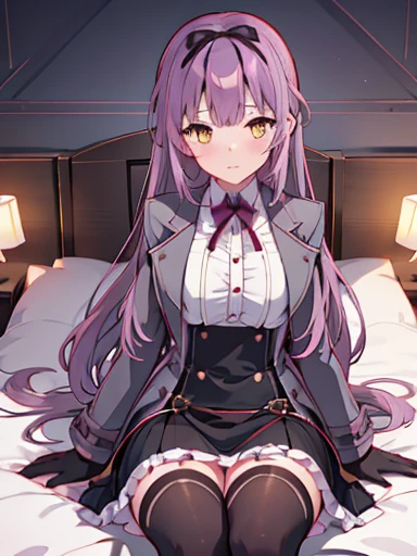 nsfw,Bedroom、on the bed、sit、((((skirt lift))), (((skirt lift by myself))),((( clothes lift))))、lift up the skirt、flip the skirt、turn to the side、Turn your face away、涙eye、blush、Len Bright, yellow_eye, purple hair, long hair, Broke up_前hair, hair_ribbon, black coat, white shirt, pantyhose, black knee boots, short black skirt, frills, black_gloves, ,, smug