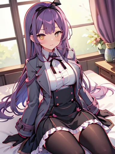 nsfw,Bedroom、on the bed、sit、((((skirt lift))), (((skirt lift by myself))),((( clothes lift))))、lift up the skirt、flip the skirt、turn to the side、Turn your face away、涙eye、blush、Len Bright, yellow_eye, purple hair, long hair, Broke up_前hair, hair_ribbon, black coat, white shirt, pantyhose, black knee boots, short black skirt, frills, black_gloves, ,, smug