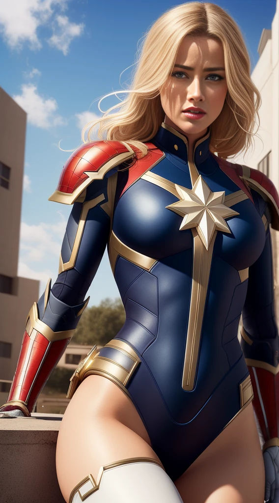 AMBER HEARD, 28 years,araffada woman dressed as a superhero posing on a ledge, extremely detailed germen de arte, Medio de cerca - arriba ( MCU ), Capitana Marvel, germen de arte. Alto detalle, close up photography, estilo maravilla, graphic artist germen de arte, germen de arte style, germen de arte julie bell beeple, germen de arte detailed