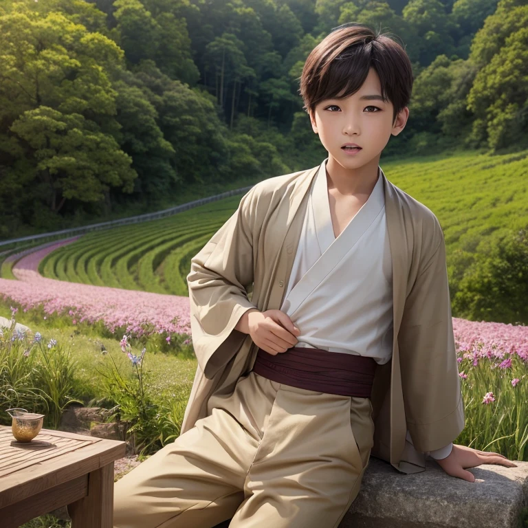 ハンサムなboy、(Photoreal:1.4),ultra high resolution, Super detailed, masterpiece, highest quality,oriental、boy、alone、game poster、kimono、pants、fields、farmer、