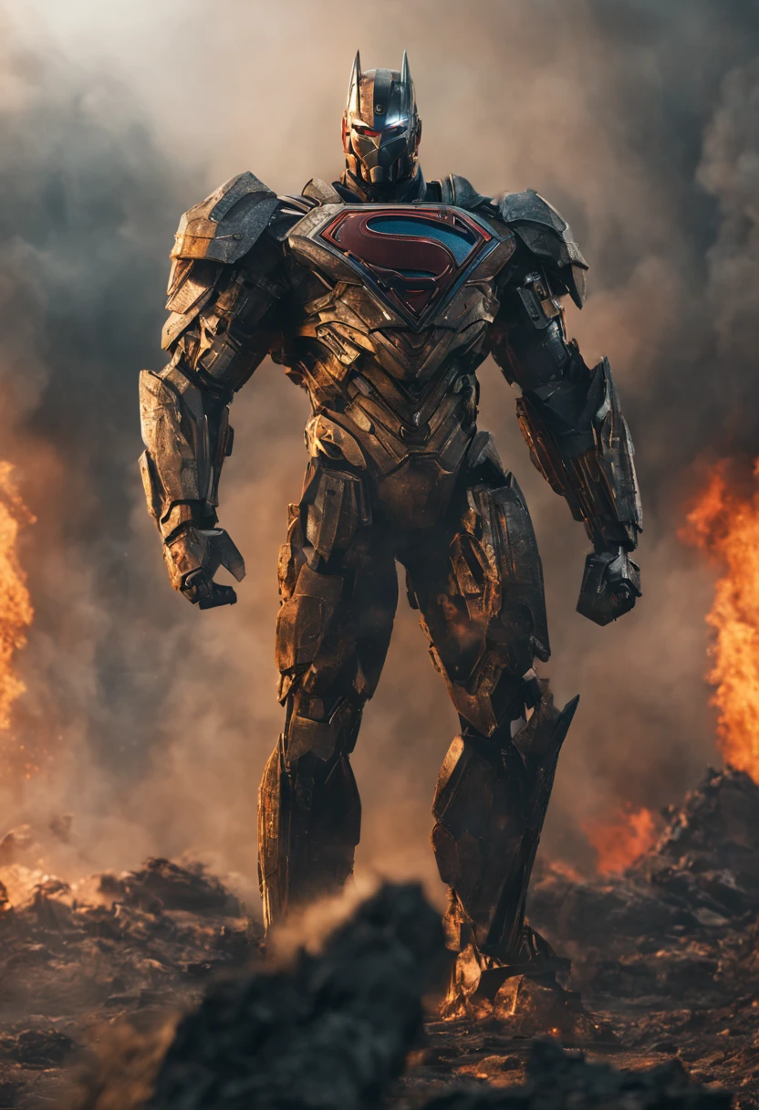 a close up of a superman standing in front of a fire, transformers cinematic universe, wojtek fus, hq 4k wallpaper, transformers : the last knight, in the movie transformers, thertrevkaiser, dwayne johnson as superman, artstation masterpiece, super robot, goku fused with optimus prime, japanese dc live-action movie, hd wallpaper, inspired by Zack Snyder