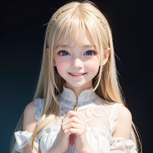 one very beautiful cute young girl、、((very happy smile ))、Embarrassed blush、shiny skin、 Very beautiful cute face、Shiny and very beautiful pure white skin、Very beautiful and cute light blue eyes、Beautiful very long shiny blonde hair with golden shine、Beautiful cute bright look、Clear double eyelids