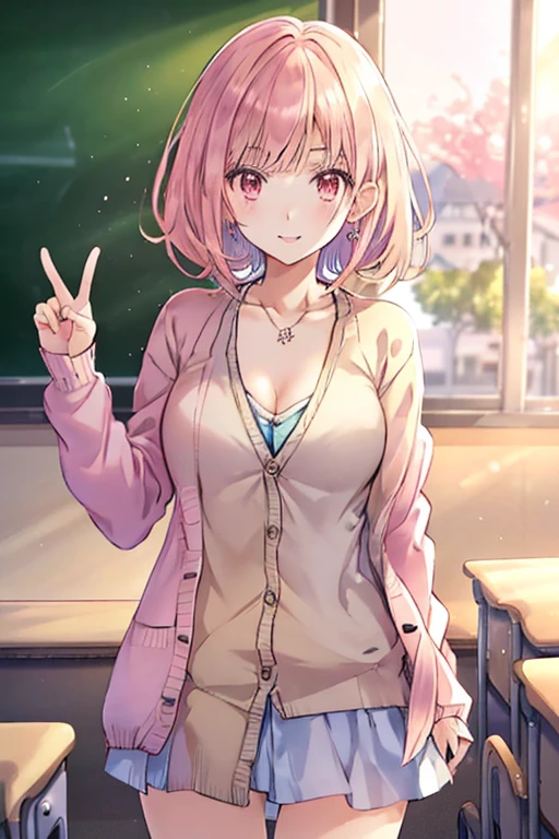 (((anime))), ((animeーション化された)), (gal), medium hair, ), (dull bangs:1.2),two tone hair, blonde hair, (pink hair), round face, red eyes, (droopy eyes), (((we say))),pink lip,earrings,necklace,[black skin], light smile, ((((cute)))), beautiful, 1 girl, alone, (cardigan:1.4), [cleavage cutout],peace sign,beautiful background,(classroom:1.5),evening,sunlight,Backlight,masterpiece,highest quality,exquisite,8K,disorganized,super fine illustration,(looking at the viewer)