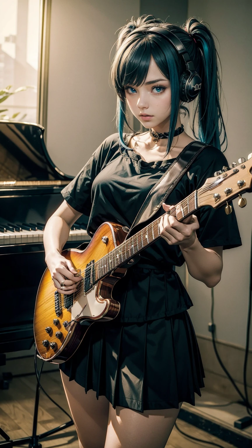 ((masterpiece, highest quality))1 girl, alone, black dress, blue eyes, electric guitar, guitar, headphones, double ponytail, holding, holding plectrum, musical instrument, long hair, music, one side up, teal hair, twin tails, play the guitar, pleated skirt, black shirt, interior