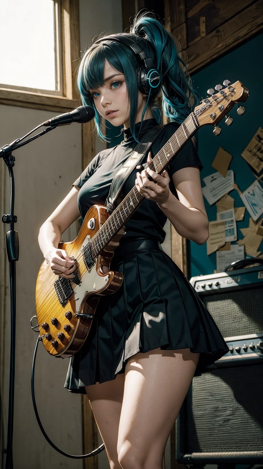 ((masterpiece, highest quality))1 girl, alone, black dress, blue eyes, electric guitar, guitar, headphones, double ponytail, holding, holding plectrum, musical instrument, long hair, music, one side up, teal hair, twin tails, play the guitar, pleated skirt, black shirt, interior