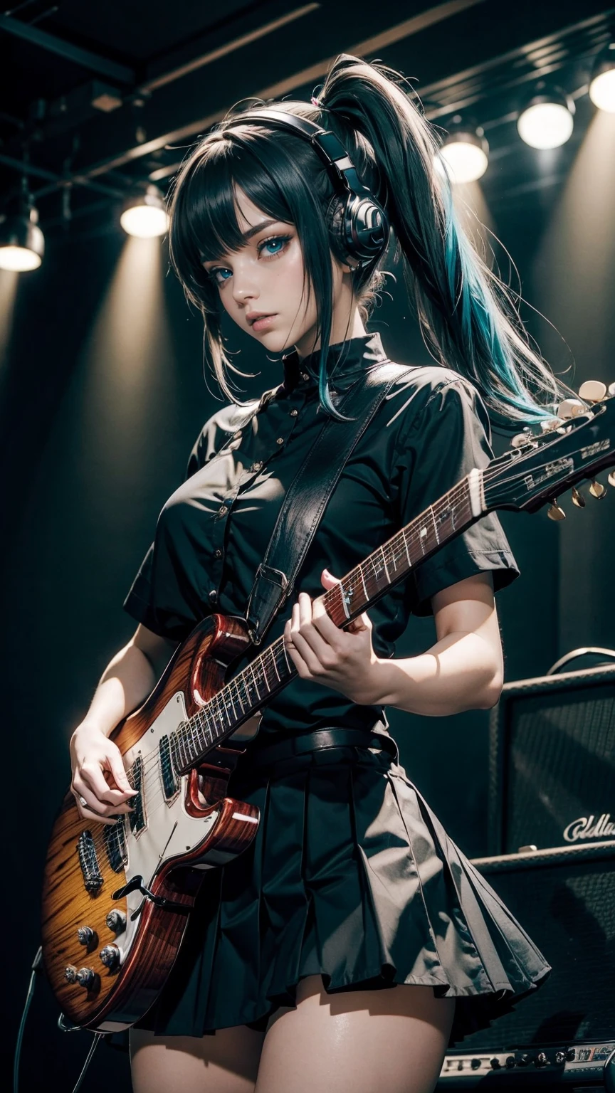 ((masterpiece, highest quality))1 girl, alone, black dress, blue eyes, electric guitar, guitar, headphones, double ponytail, holding, holding plectrum, musical instrument, long hair, music, one side up, teal hair, twin tails, play the guitar, pleated skirt, black shirt, interior
