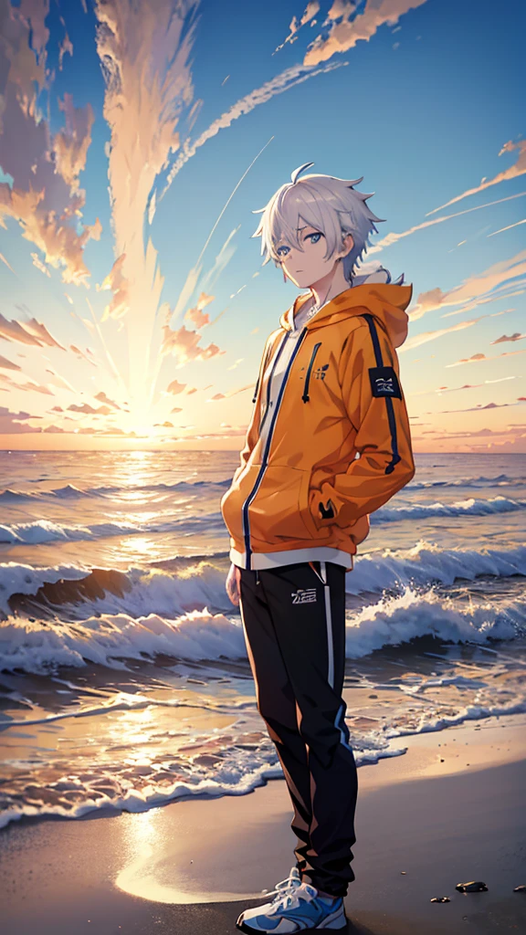 white hairs, light blue eyes, Anime boy with orange jacket or hoodie, Black pants white-haired boy anime standing and 4k anime wallpaper at sunset, 4K Anime Style, anime wallpaper 4k, 4K Anime Wallpapers, 4 k manga wallpaper, Anime art wallpaper 8k, anime art wallpaper 4k, anime art wallpaper 4k