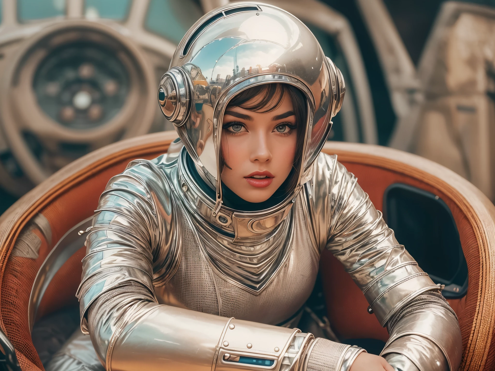 retro color work、Raw photo,Best Quality, master piece,high resolution,detailed,(Photorealsitic:1.4),Well-defined contours,1950retrofuturism、1950s retro science fiction drama、wore a strange helmet、50's retro-futuristic fashion clothes,young woman、perfect face、beautiful ,(50's retro-futuristic fashion clothesを着た(male))、sunlight,realistic shadow,realistic wilderness background,cinematic lighting, and 50's retro-futuristic robots、Robby the Robot、Buck Rogers、Flesh Gordon、BARBARELLA、Forbidden Planet、Lost in Space