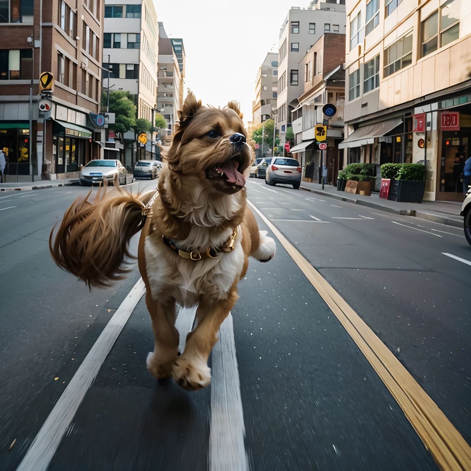 Front view of a gold-colored Shih Tzu running through the city、speed、Angle from the ground with grandma chasing from behind