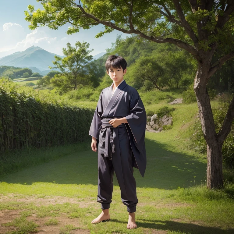 ハンサムなboy、(Photoreal:1.4),ultra high resolution, Super detailed, masterpiece, highest quality,oriental、boy、alone、game poster、kimono、pants、fields、farmer、