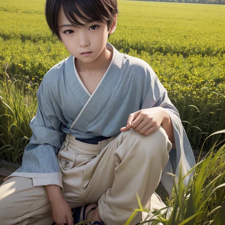 ハンサムなboy、(Photoreal:1.4),ultra high resolution, Super detailed, masterpiece, highest quality,oriental、boy、alone、game poster、kimono、pants、fields、farmer、