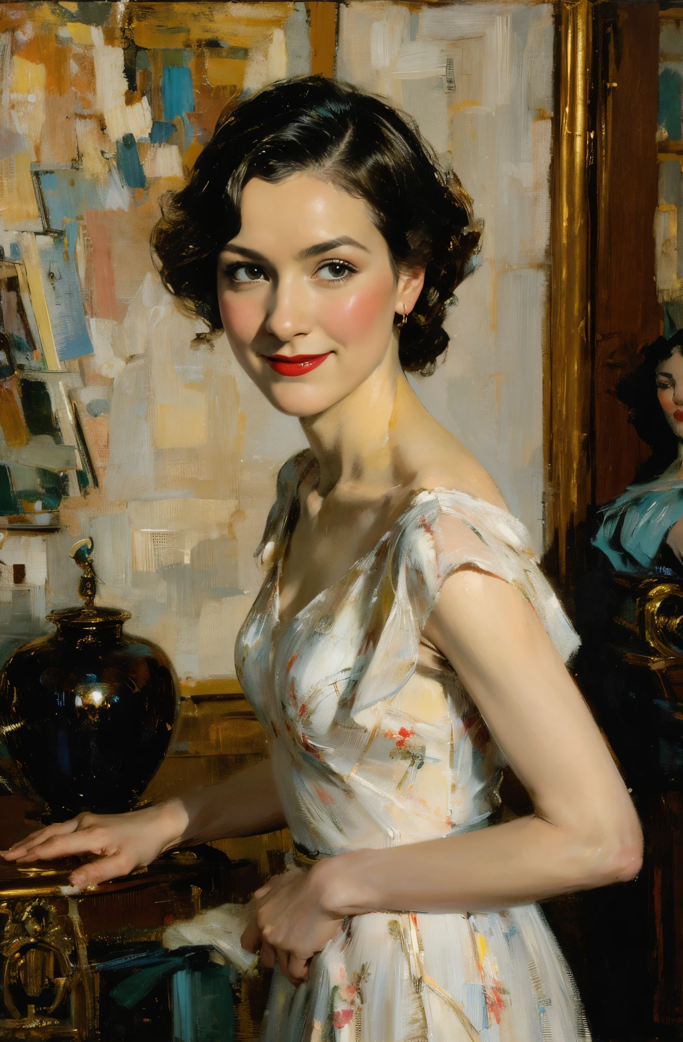 A woman standing elegantly in a beautiful young dress, Delphine Seyrig, gorgeous, A smile full of elegance, perfect tall model body, inspired by Fenghua Zhong, wallop style, Style Ivan Talavera and Artgerm, wallop and art germ, art germ style, inspired by Vincent Lefevre, Gwaites style artwork, artgerm and wlop, figurative art, Beautiful and expressive paintings, Beautiful artwork illustration, wonderful, cool beauty, highest quality, official art, perfect composition, perfect angle, best shot, female solo, sharp outline, melancholy, nostalgia, romantic, Eyes without pupils, color eye, ideal anima, unforgettable woman, monologue, The present blends with the past, 1960s Paris