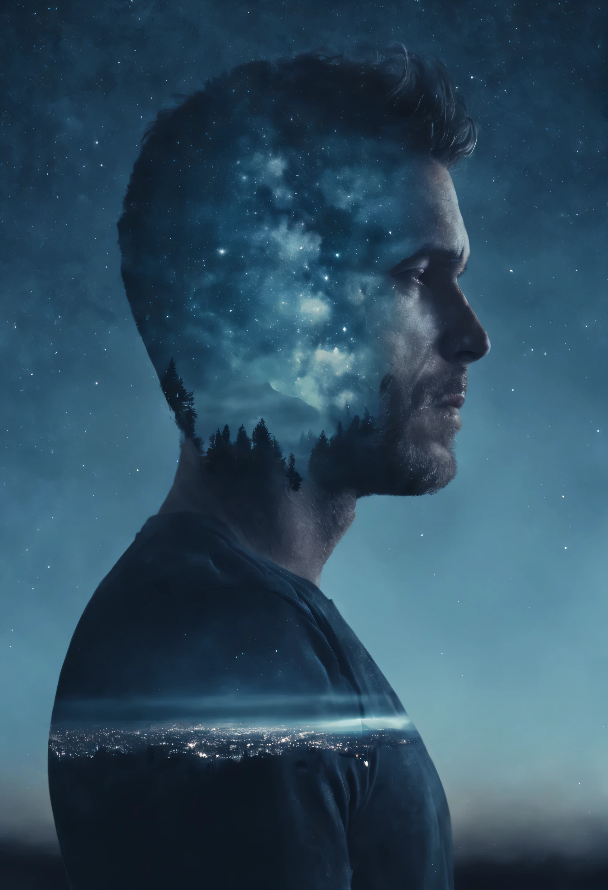 Man blending with night sky in double exposure style