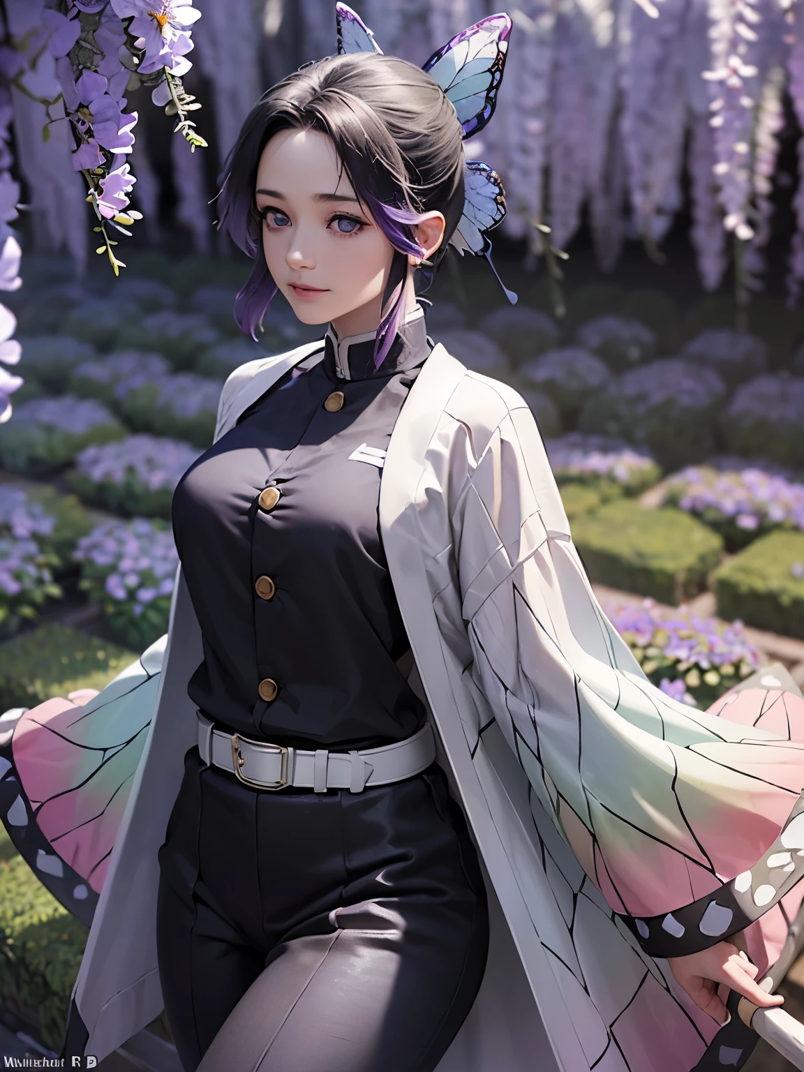 Ultra-realistic 8k CG,masterpiece,((super detailed background, delicate pattern, intricate details)),highest quality,very detailed face,very fine eyes and face,very fine eyes,Kocho Shinobu,colorful hair,No bangs,hair intake,purple eyes,amount,black shirt,black pants,Haori,butterfly,button,belt,(garden:1.2),purple flower,Little,cloudy null,sunlight,Tyndall effect,Slope_null,face,Gorgeous null,Waist saber,alluring posture,