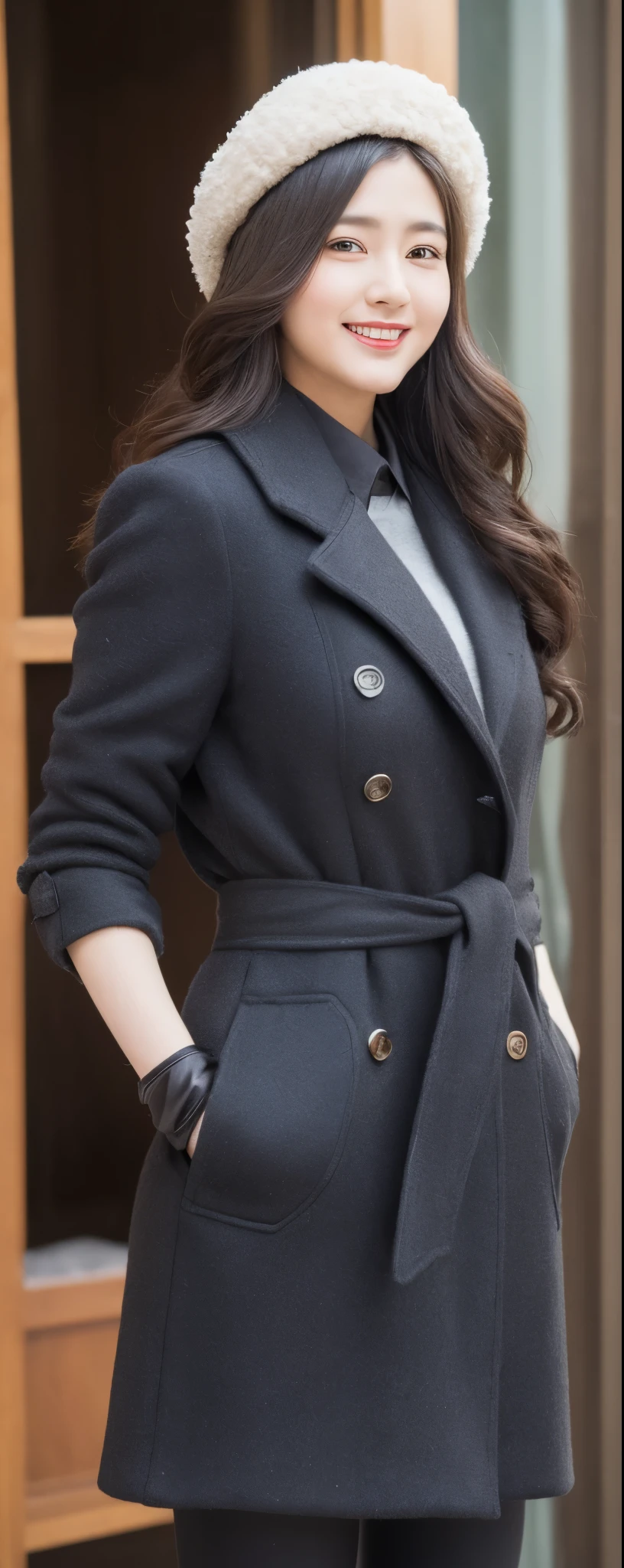 (8k, RAW photos, top quality, masterpiece: 1.2, ultra detailed, super resolution, real photos: 1.37), (Full body photo), 1 noble elegant Japanese lady, (standing contrapposte), winter season, ((black color coodinate, wearing over-size nouton coat, winter fluffy scarf, fluffy cap, grey long skirt, legging, wearing long boots)), Shiny, Smile, Looks like 1.8 meters tall, large pelvis, Large breasts, big cuvy hips, Thin waist, Long legs, skin hyper-detail, 20 years old, Perfect face, (Detailed facial features), Wavy hair, Daylight, winter season, snazzy cafe,