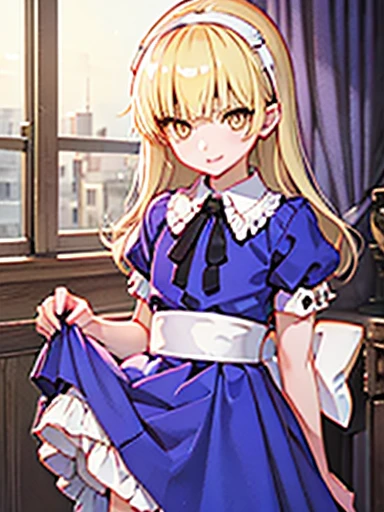 nsfw,Bedroom、standing position、whole body、spread your legs、((((skirt lift))), (((skirt lift by myself))),((( clothes lift))))、lift up the skirt、flip the skirt、Alice、美girl、girl、delicate、beautiful, whole body, smile, smile alicesmt, dress, long hair, blonde hair, hair band, dull bangs, puffy sleeves, blue dress, yellow eyes