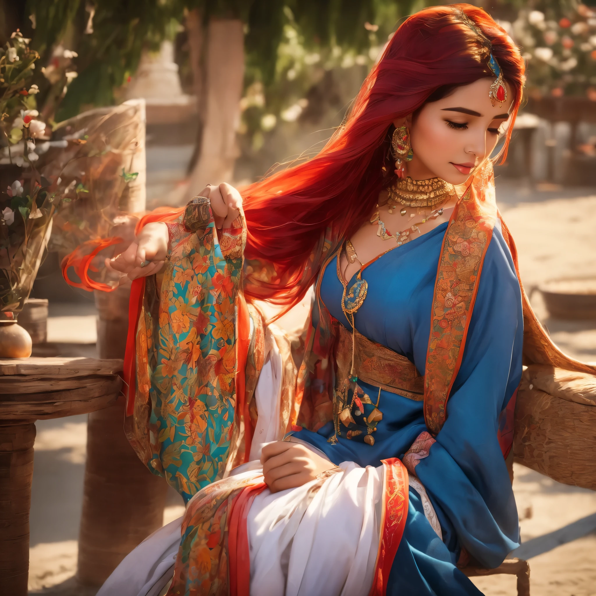 a young, beautiful woman, with red hair, dressed in traditional Kashmiri clothing, with her hands in prayer, and a saffron flower in her hands