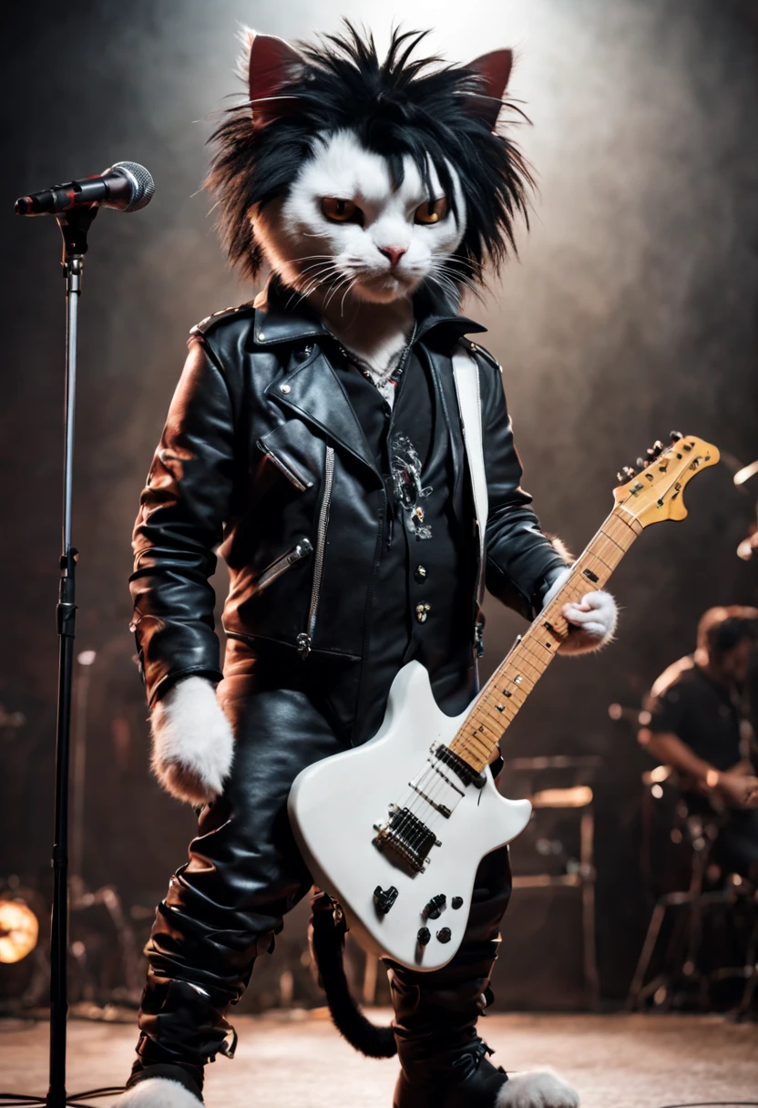 A white cat high quality, 4k, hdr, realistic, animal Dressed Witht the Robert Smith´s outfit in black color, with black hair in head in punk style, singing like rock legend Robert Smith. Standing on a stage with a microphone.