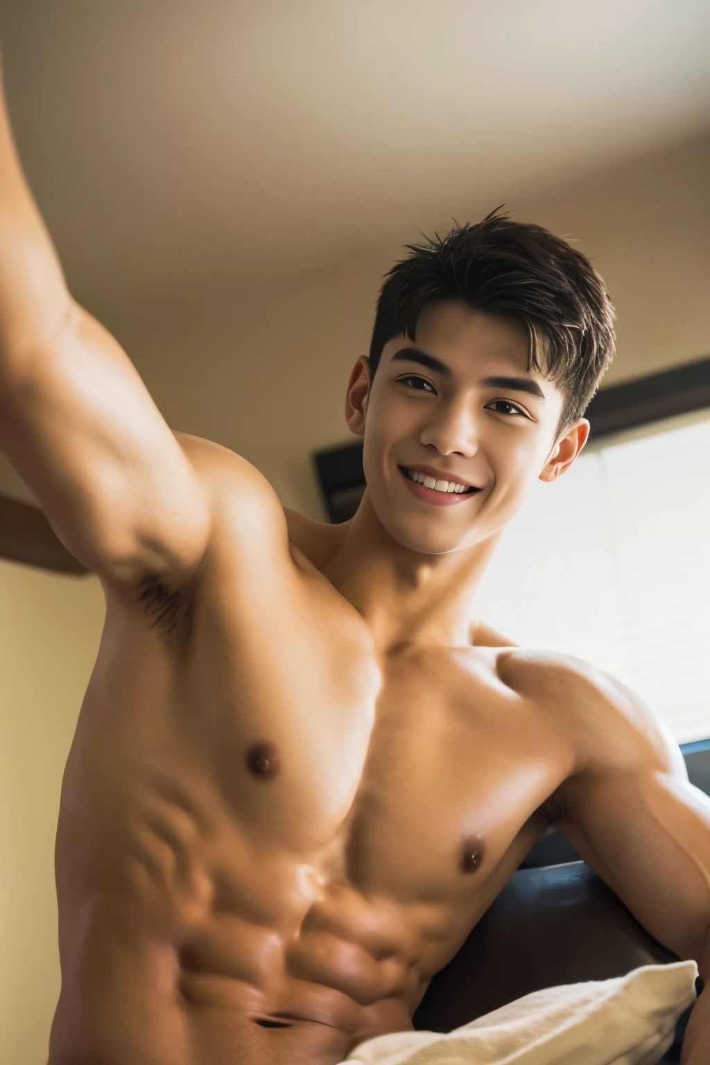 masterpiece, high quality, best quality, HD, actual, perfect,1 person, Young men,white short hair, Smile,thin waist，6-pack abs，Sexy breasts, detailed body, The perspective is viewed from the bottom up ,