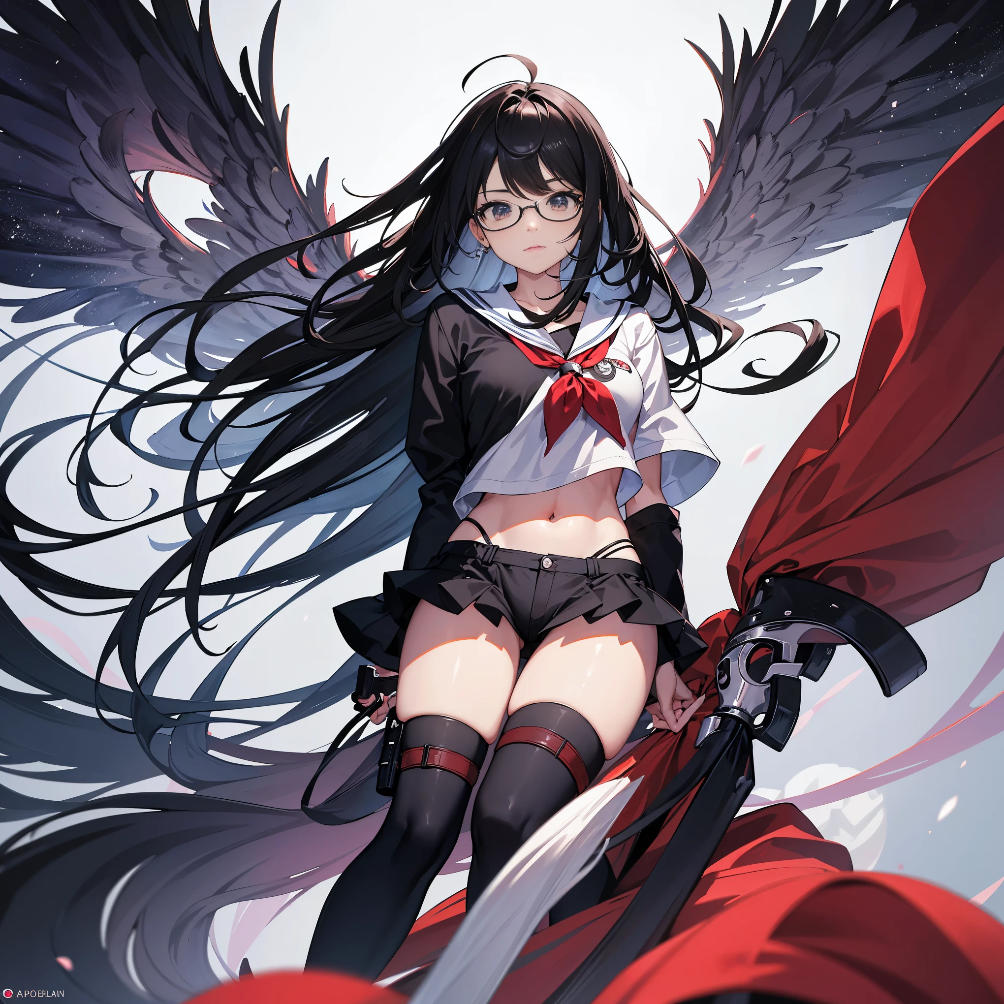 "Chica anime, 1 persona, cabello negro, Cabello hasta los hombros, ojos rojos, gafas, cuernos blancos, usando camisa de mujer, atar, Ropa escolar, pechos grandes, Malla, tacones altos, sentado con las piernas cruzadas, lamer los labios, front view, (Full HD 4k+ Imagen)"