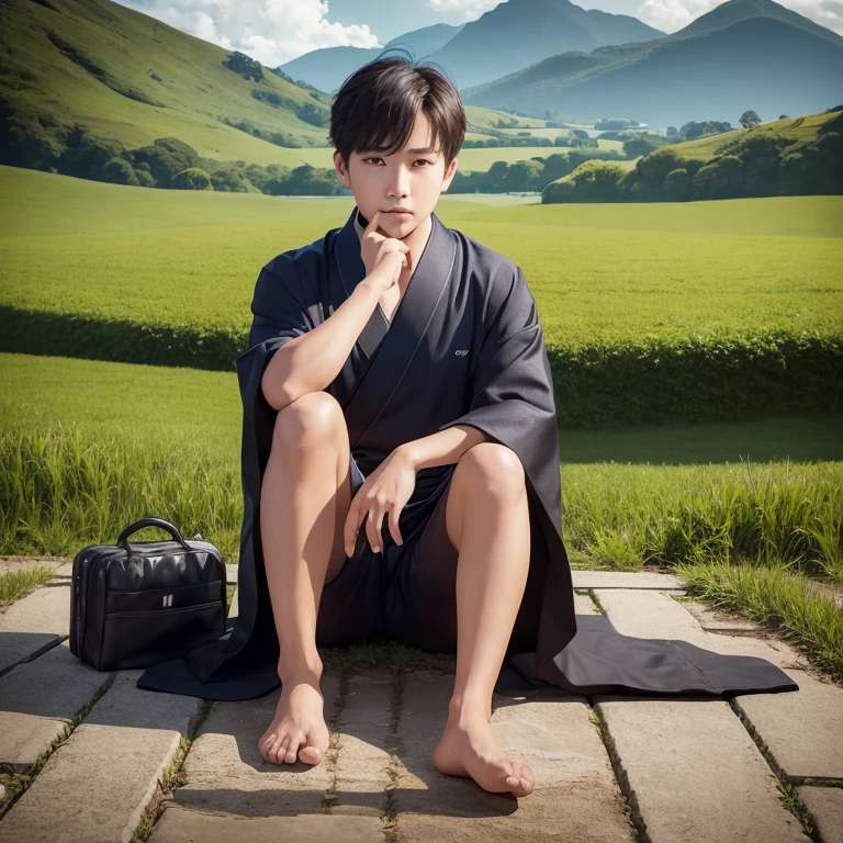 ハンサムなboy、(Photoreal:1.4),ultra high resolution, Super detailed, masterpiece, highest quality,oriental、boy、alone、game poster、kimono、pants、fields、farmer、sitting