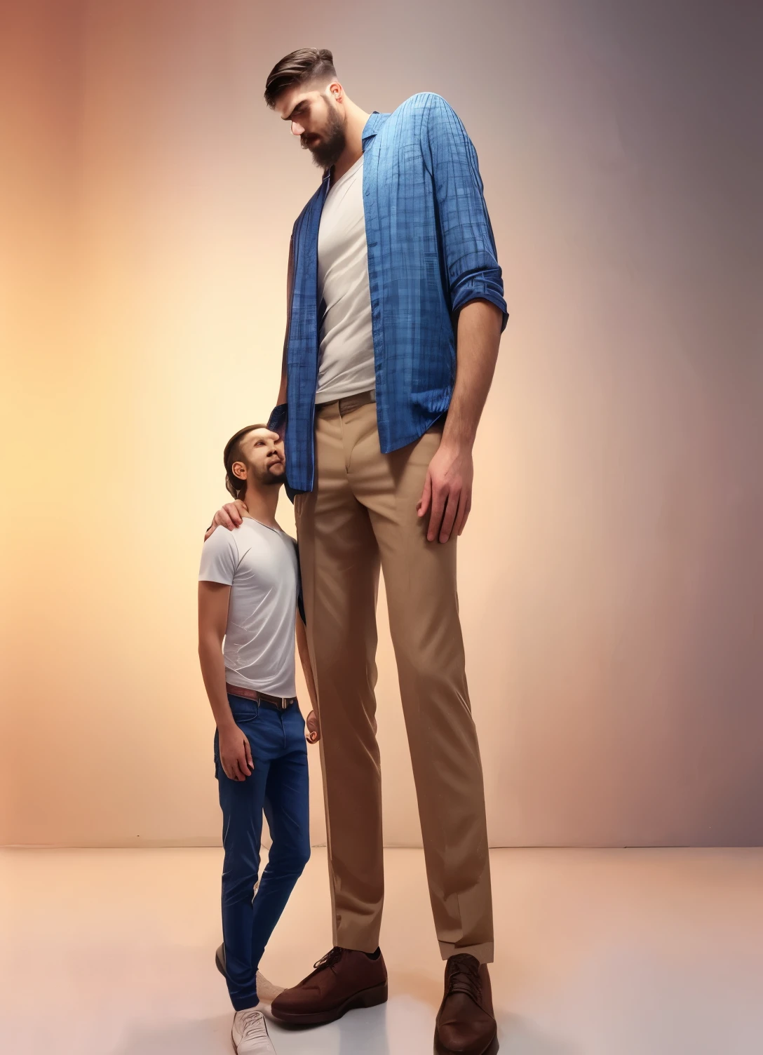 araffe man standing next to a man with a beard, tall and small, tall handsome guys, tall man, tall and slim, strong and tall, tall and slim figured, very very very tall, very tall, towering above a small person, tall and muscular, very very very very tall, slim and tall, large and tall, incredibly strong and tall