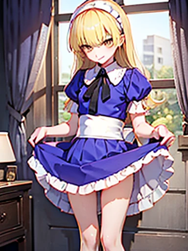 nsfw,sit on the bed、open your legs、tuck up、スカートtuck up、Skirt lifting、Alice、美girl、girl、delicate、beautiful, whole body, smile, smile alicesmt, dress, long hair, blonde hair, hair band, dull bangs, puffy sleeves, blue dress, yellow eyes