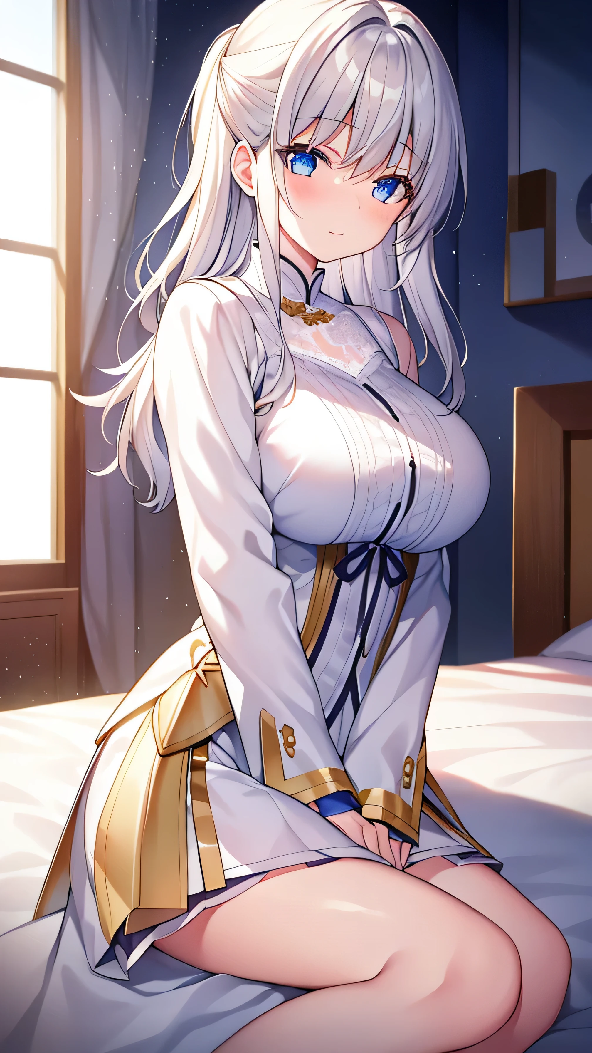 detailed， dense， masterpiece， a girl， Beautiful big breasts， Wearing a white cardigan， Everlasting，Stand by the bed，There were blankets，  white hair， ************， Light滑的皮肤， 发Light的皮肤， 发Light的头发， clear eyes， 发Light的眼睛，blue eyes， pale pink lips， （The audience looks down： 0. 8） Smile， cheeks dyed red， very shy， open mouth， through bangs， white sleeves， white coat， a girl， soft skin，good understanding， 发Light的皮肤， Light， 丰富的Light， room Lighting， Simple gold necklace， Diamond necklace， white lace文胸， white lace， white lace内衣， high angle， low angle， （masterpiece： 1.0）， （actual： 1.6）， （soft focus： 1.5），Black，