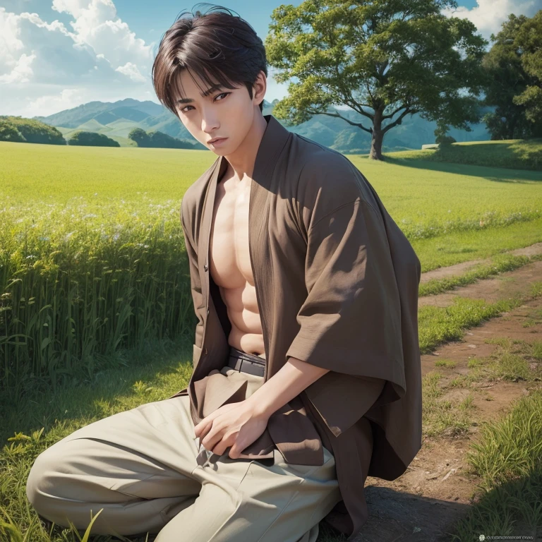 ハンサムなboy、(Photoreal:1.4),ultra high resolution, Super detailed, masterpiece, highest quality,oriental、boy、alone、game poster、kimono、pants、fields、farmer、Upper body、