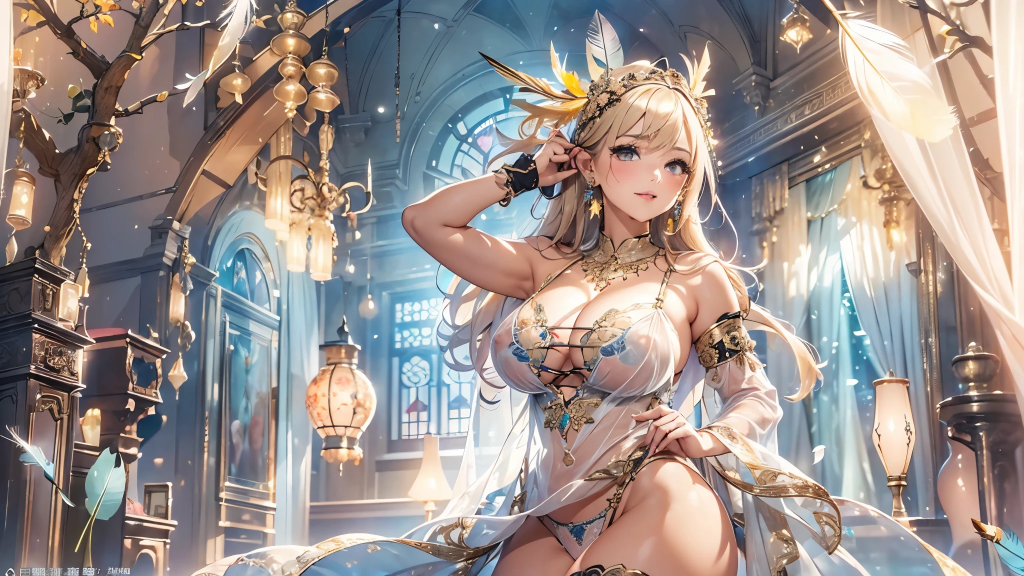 過去最高のmasterpiece、beautiful美しさ, 3D two-dimensional, rich, blonde, skirt, stockings, high heels, star、(Highly detailed CG Unity 8K wallpaper),(masterpiece), (最高quality), (超be familiar with), (best work),(best shadow), (sharp eyeliner, eye shadow, fine eye:1.1), (超High resolution,realistic,最高quality,realistic),(8K,RAW photo,最高quality,star),mature woman、sensual curves、huge breasts、thighs、bubble、お尻のmasterpiece, 最高quality, 超be familiar with, full body shot, mature woman, beautiful mature woman, nightgown and underwear, enchanting smile, thick lips, Chubby lips, blush, looking at the viewer, provocative expression, beautifulhair型, cleavage, Plump、curvy hips、attractive face、sexy lingerie、an inviting gaze、Expression of emotions、Lewd underwear、(((erotic see-through lingerie set)))、Standing position、gorgeous accessories 、big breastsの女性, bare shoulders, 金色のhair, colored feather, metal ornaments, colored flowers, particle, light, (masterpiece, 最高quality, 最高quality, official art, beautiful and aesthetic:1.2), (1 girl:1.5), 非常にbe familiar with,(fractal art:1.1),(colorful:1.1)、(flowers:1.3),most detailed,(zentangle:1.2), (dynamic pose), (abstract background:1.3), (shiny skin), (lots of colors :1.4), ,(earrings:1.4), (feather:1.4),masterpiece, 最高quality, 超be familiar with, 30~40 years, full body shot, beautiful 、さまざまなhair型，gold headband，plump breasts，beautiful，greek clothing，Tulle covers the breasts，perfectly proportioned, detailed clothing details,marble，god statue，cinematic lighting, film grain, 8K, masterpiece, 超be familiar with, high detail, 高quality, High resolution,(((NSFW:1.2)))、exposed chest、Openwork decoration，(((see through dress)))、(((解剖学的に正しいbody))) , 最高quality, 超be familiar with, (((Lewd underwear)))、raise your butt, from below, (((R-18)))、thighs, big breasts, Are standing, cowboy shot, blush, (((1 girl))), (masterpiece:1.3), (High resolution), (8K), (非常にbe familiar with), perfect face, Nice eye and face, (((最高quality))), (超be familiar with), detailed face and eye, (alone), beautifuleye,(((sexy pose)))、(((整ったbig breasts)))、((beautiful eye))、luxury、(((超High resolution)))、(((detailed description)))、(((ぽっちゃりbody型)))、(((解剖学的構造に一致したbodyの部位)))、beautiful長いまつ毛、バランスのとれたbody型,2 feet、Just the right size for your legs and arms、Fishnet tights、glamorous、(((Clear white and black eye)))、lipstick、Sparkling、(Undistorted face, eye, body)、jewelry、gem、(長くカールしたbeautifulまつ毛)、(((バランス良いbeautiful胸)))、(transparent, Exquisite skin:1.2)、(((完璧なglamorousボディー)))、actress face、Super beautiful、Cute smile、Healing beauty、Flower shower、完璧なeye、realistic depiction、Super sexy、glossy、Glamorous、double eyelids、Good dark makeup、makeup、ぼやけていないeye , expensive_quality, expensive_solve, masterpiece*I wore, whitespace, colorful, 1 girl, alone, white_hair, prism hair, [pink|green] eye, gradient eye, multicolored eye, shine eye, shine, Sparkling, shine white particles, Alone、one shot、adorable、Plump、Glossy and exquisite skin、はっきりしたeye鼻立ち、realistic eyes、whiteい肌, real human skin, (be familiar with), oval face, pore,  (8K, Raw photo, realistic: 1.4), one girl,  (Gentle and Goddess-like Eyes) happiness: 1.2), (lip gloss, eyelash, gross face, 最高quality, 超High resolution, wide lighting, natural shading)